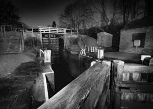 Close-up of bottom lock at Bingley Five Rise in Black & White