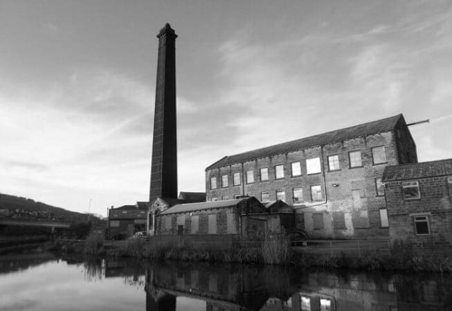 Black & White Reflection of Gasoline Alley Mill on Leeds & Liverpool Canal