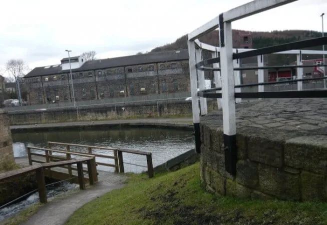 View of the old train station warehouse from the Three Rise Locks on Leeds & Liverpool Canal