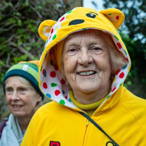 Susan Hart wearing Pudsey Onesie - Photo by Marcus Rattray
